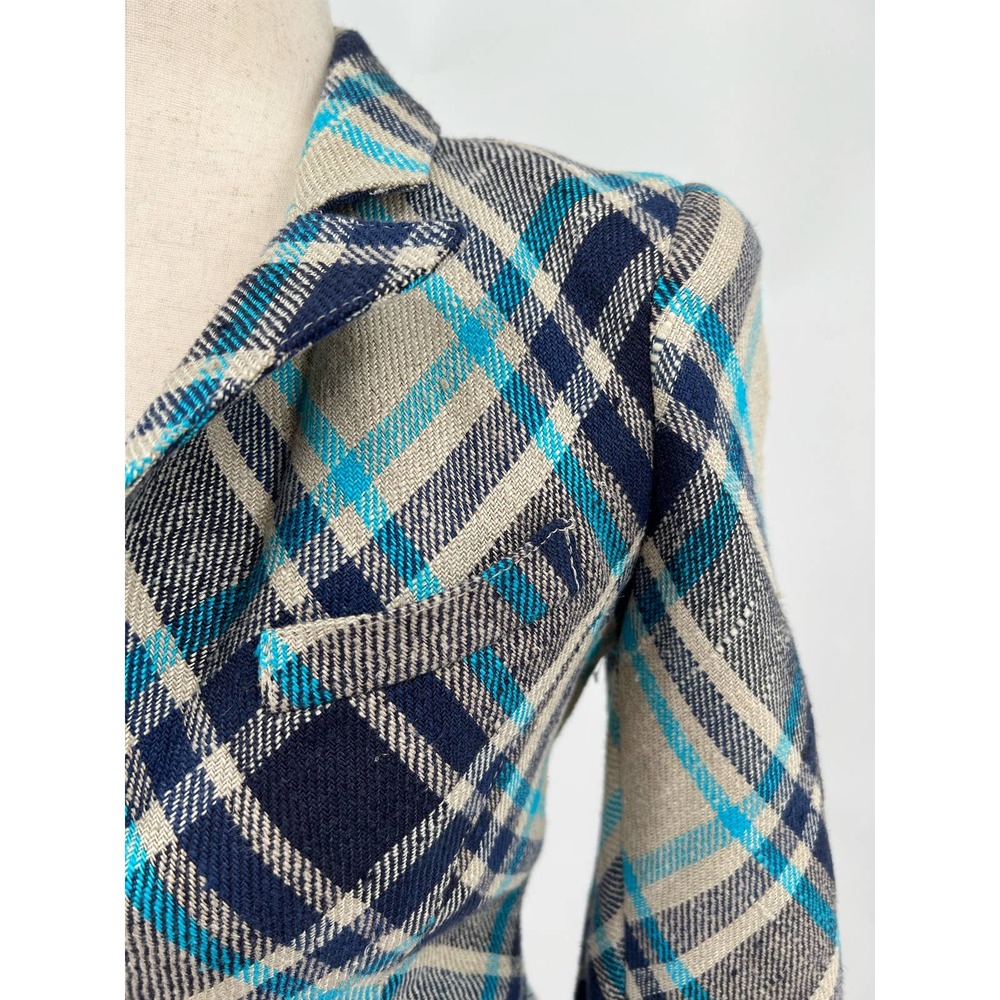 Smythe Plaid Blazer in Navy, Teal & Cream with Leather Elbow Patches - Picture 13 of 15